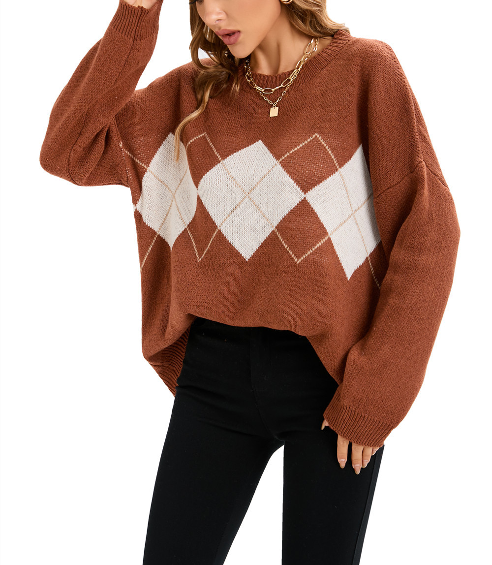 rhombus plaid loose round neck bat sleevpullover sweater NSZXS136544