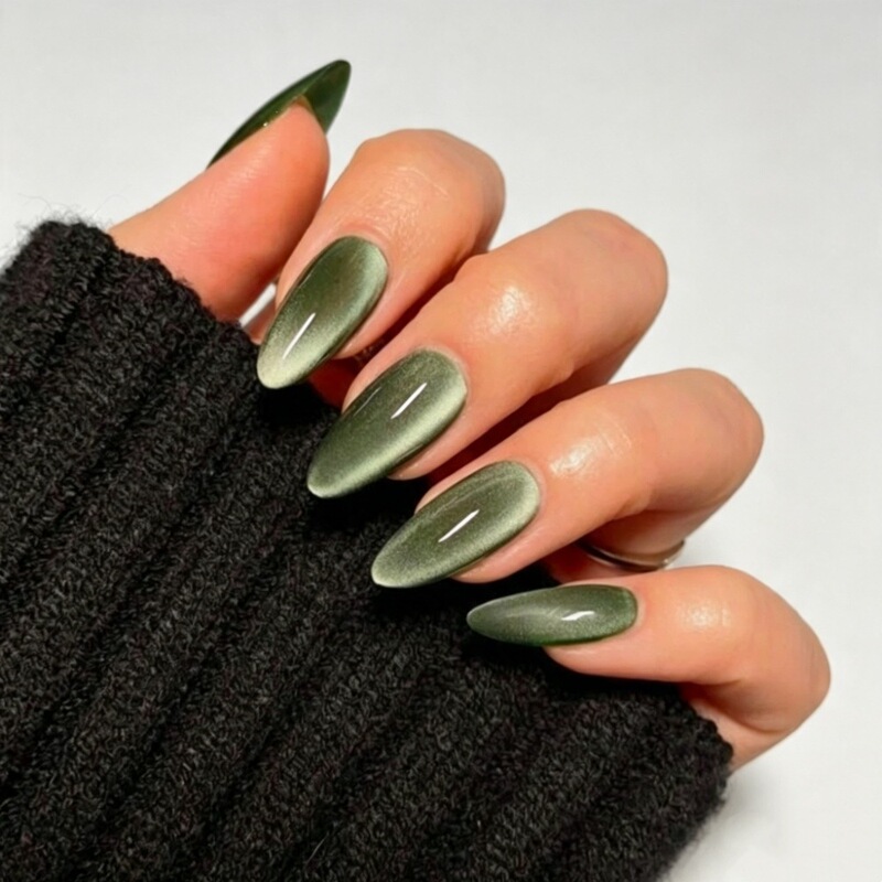 LAZADA hot-selling foreign trade model retro green cat-eye high-end flattering European and American almond-shaped press-on fake nails LAZADA hot-selling foreign trade model retro green cat-eye high-end flattering European and American almond-shaped press-on fake nails