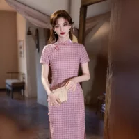 Tang Yi Lian клетчатый Cheongsam 2025 молодой стиль повседневной жизни в стиле ретро длинное платье для улучшения тела