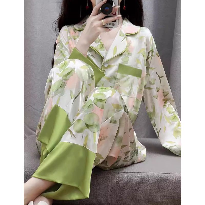 感绿色花卉印花冰丝睡衣女春秋季2025新款长袖套装丝绸家居服|undefined