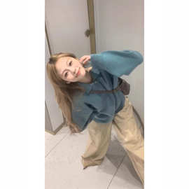 法式翻领蓝色套头毛衣女新款秋冬加厚保暖慵懒针织衫上衣