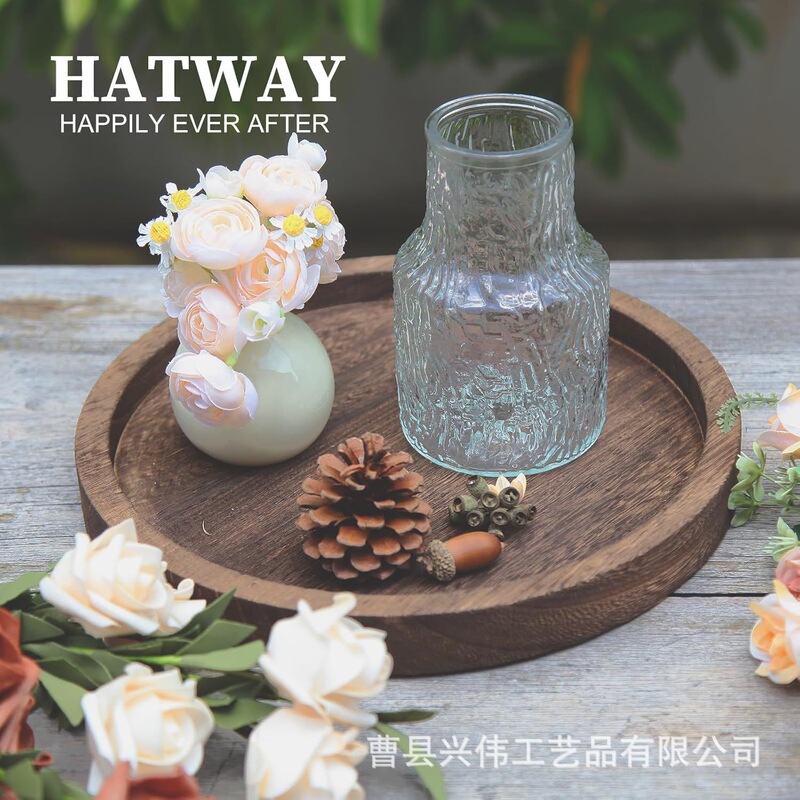 Cross-Border Wooden Decorative Tray Farmhouse Candlestick Old Tray Living Room Wooden Retro Coffee Tray Solid Wood Disc
