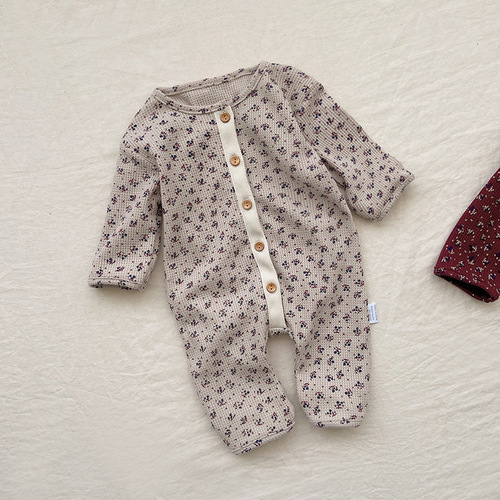 Spring style baby waffle floral jumpsuit newborn clothes autumn baby open chest buckle long bag farts rompers