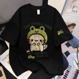 软萌童装女童短袖T恤夏季新款儿童可爱青蛙猫咪植绒印花棉圆领上
