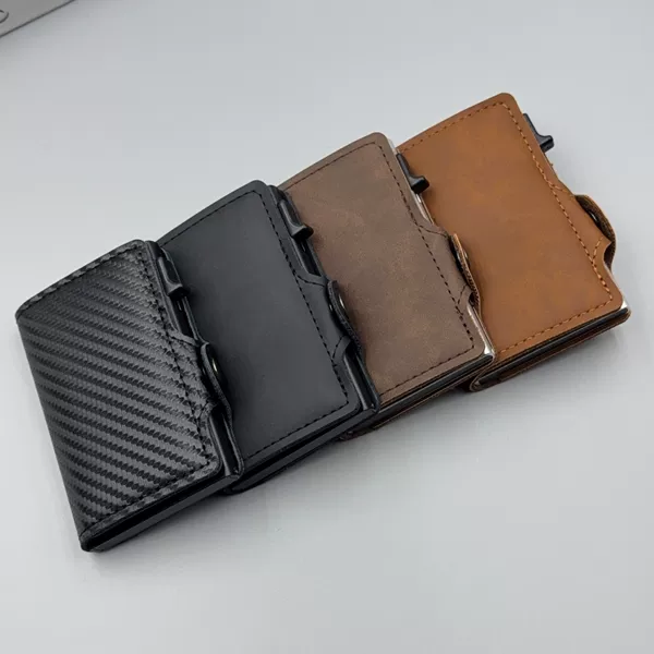 New Carbon Fiber Rfid Anti-Theft Aluminum Alloy Side-Push Card Holder Amazon Men's Retro Pu Leather Wallet