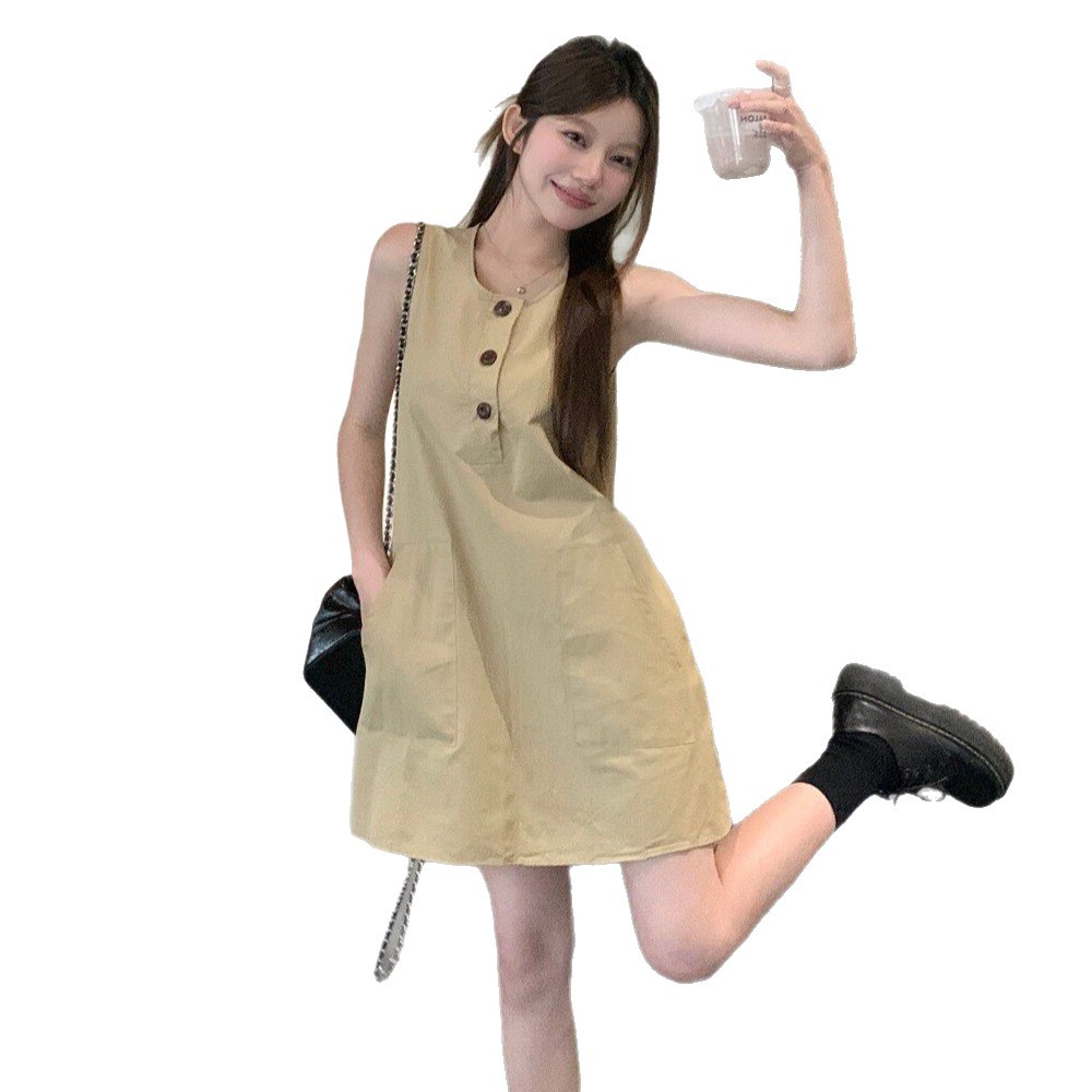 Retro Sleeveless Vest Dress for Women, Summer Khaki Round Neck Dress, Loose Fit, Slimming A-Line Short Dress for Petite Figures