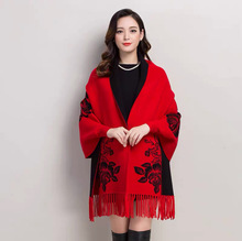 560#欧美秋冬新款大码提花流苏针织披肩斗篷蝙蝠袖加厚毛衣外套