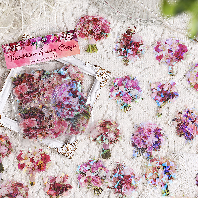 Amor a cuatro pegatinas transparentes impermeables para mascotas bolsas dichas conchas láser pegatinas de flores para diarios desnudos