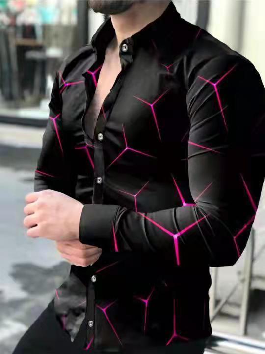 跨境外贸新款男3D印花欧美休闲街潮数码印花长袖衬衫男款修身衬衣|undefined