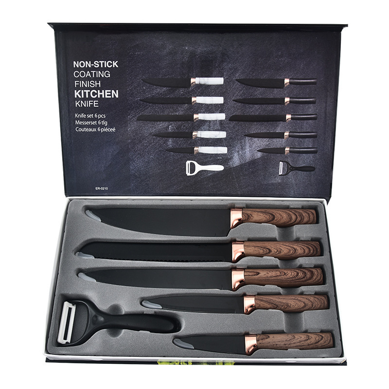 Acero inoxidable pintado chapado en oro rosa cabeza oblicua marbling mango blanco de seis piezas caja de regalo traje cortador