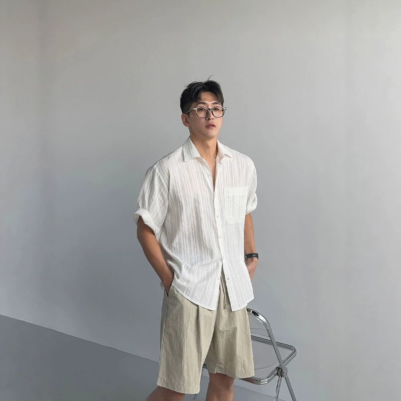 Old Money Style Hollow Mesh White Short-Sleeved Shirt for Men in Summer, Lightweight, Breathable, Versatile, Loose Casual Shirt Jacket