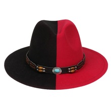 亚马逊跨境阴阳拼色毛呢毡帽欧美秋冬派对时尚平檐帽藏式帽子批发