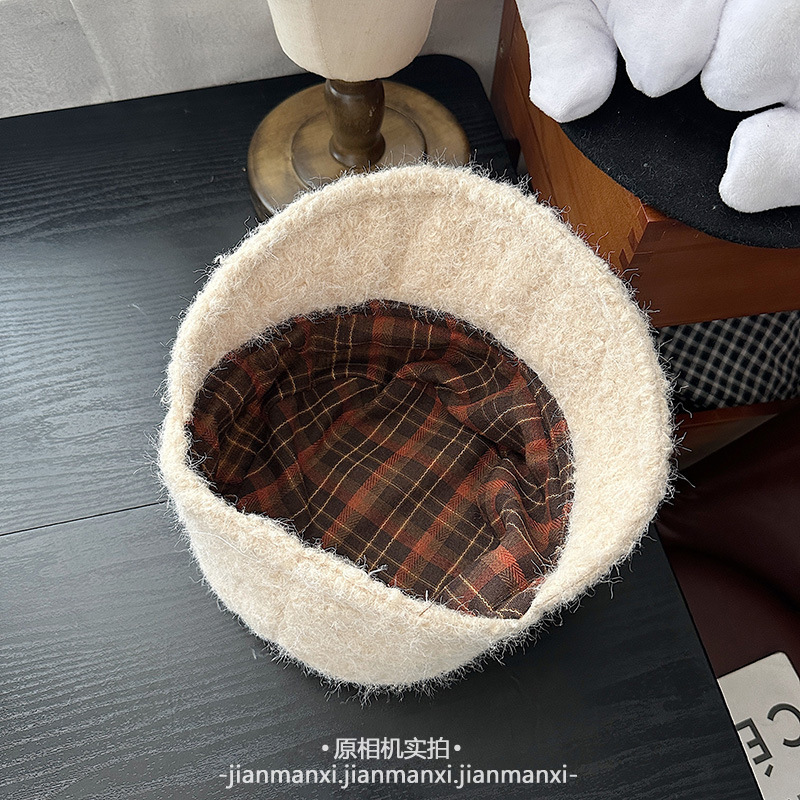 格子里衬复古英伦毛呢帽子秋冬女款韩版洋气百搭鸭舌帽气质马术帽|undefined