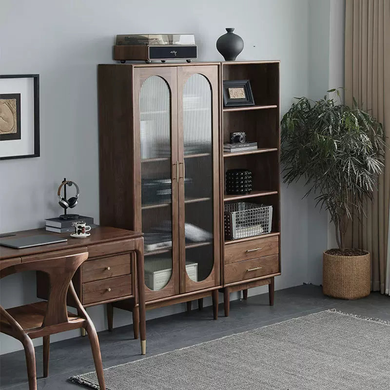 北美黑胡桃木简约客厅实木现代北欧书橱高端书架玻璃门组合展示柜
