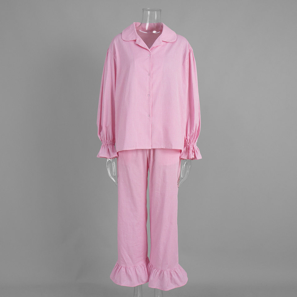 Bộ đôi áo sơ mi tay dài bèo nhún và quần dài kẻ caro cotton — hồng chi tiết 3