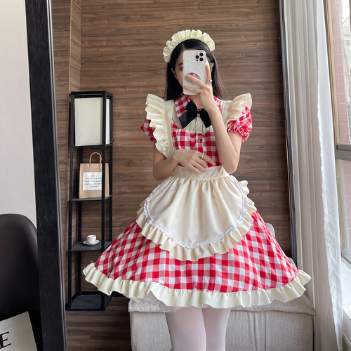 Japanese cute style lolita maid outfit sexy cosplay maid uniform dress black and red plaid plus size