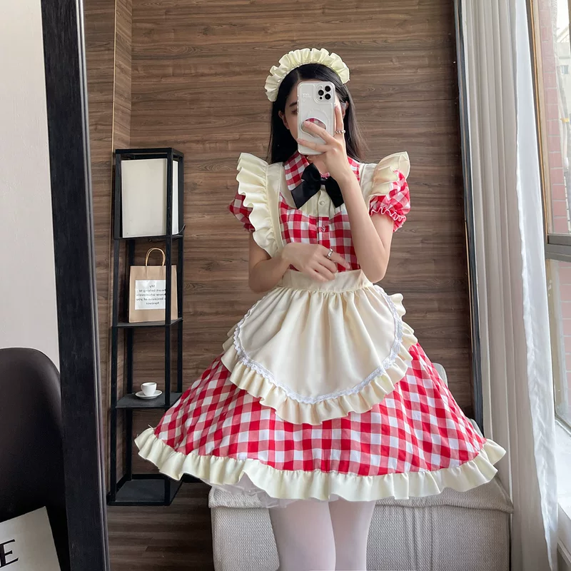 КостюмLolita в стиле униформы горничной, размеры от S до 5XL, красная клетка и Haig