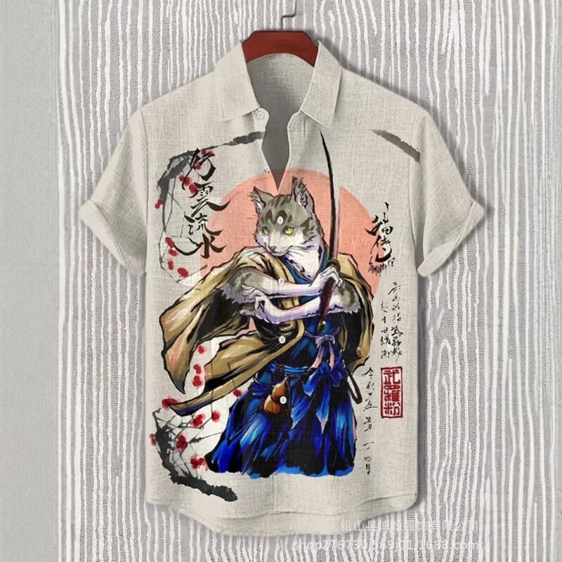 Men's Casual Shirt with Cartoon Black Samurai Cat Pattern 3D Print Japanese Octopus Cat Fashion Short Sleeve Top