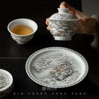仿古青花雪景盖碗不烫手泡茶碗茶杯单杯功夫茶具壶承干泡盘盖置