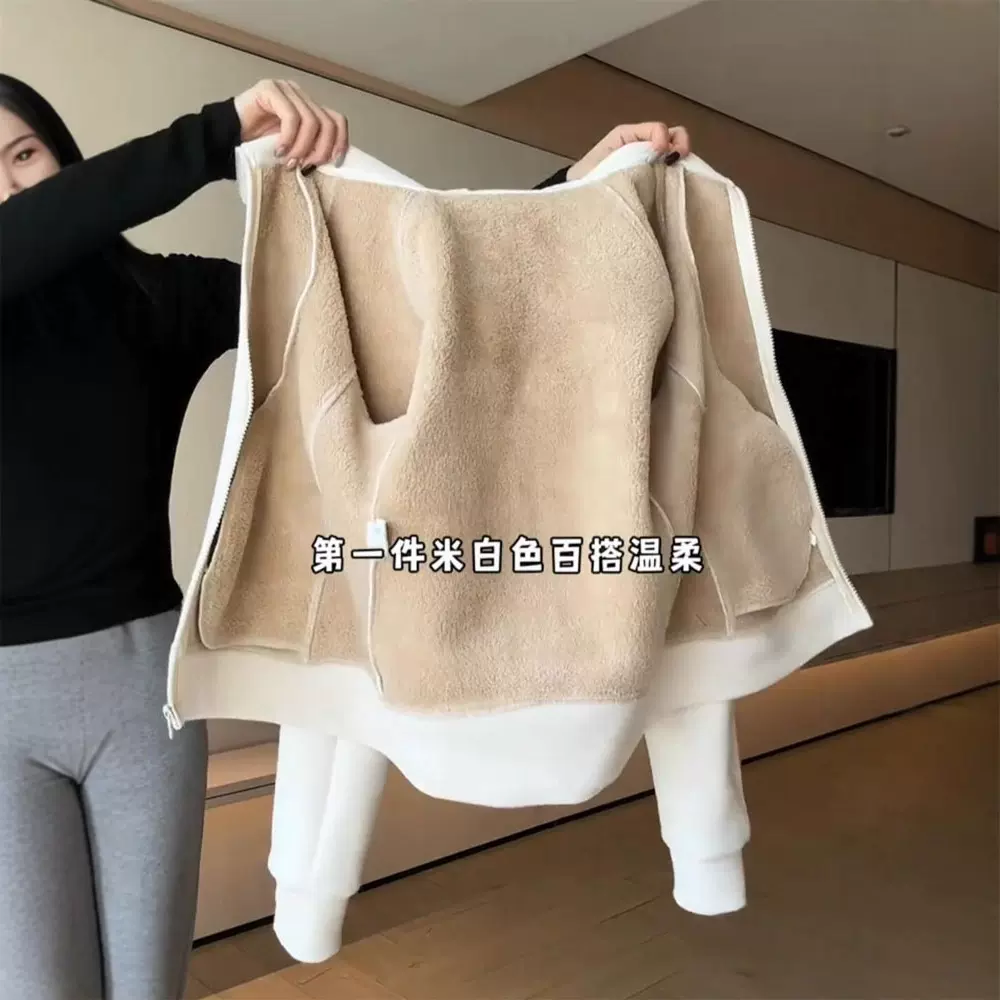 摇粒加绒外套女内搭打底秋冬款加厚棉服羊羔毛绒保暖抓绒内胆卫衣