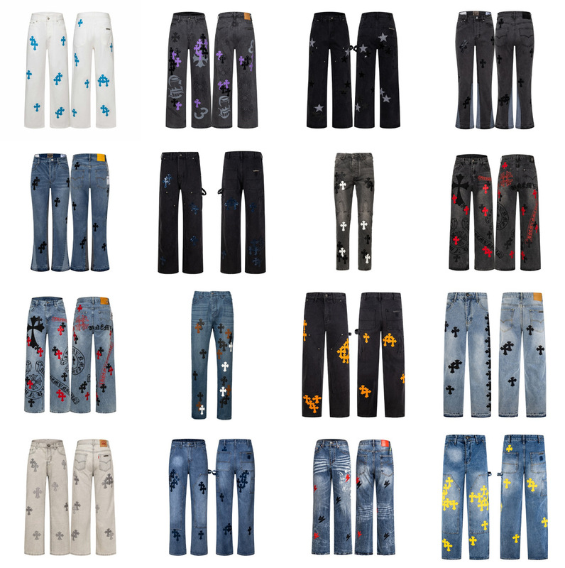 Heavy-Duty Washed Denim Jeans with Cross Decoration, High Street Style, Unisex Straight Loose Fit, Multi-Color Trendy Casual Wear Heavy-Duty Washed Denim Jeans with Cross Decoration, High Street Style, Unisex Straight Loose Fit, Multi-Color Trendy Casual Wear