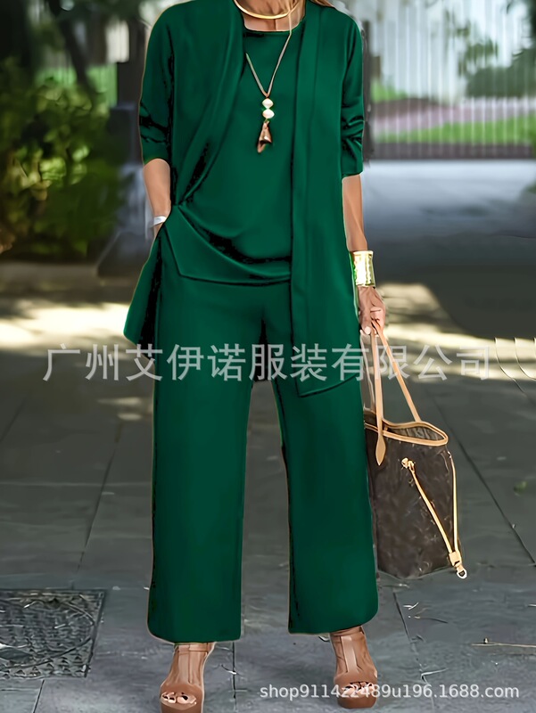 temu.卖现货纯色开叉圆领无袖背心上衣长袖开衫外套阔腿裤套装女|undefined