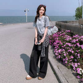 时尚休闲套装2025夏季新品女圆领T恤格子拼色阔腿裤两件套 ZH9508