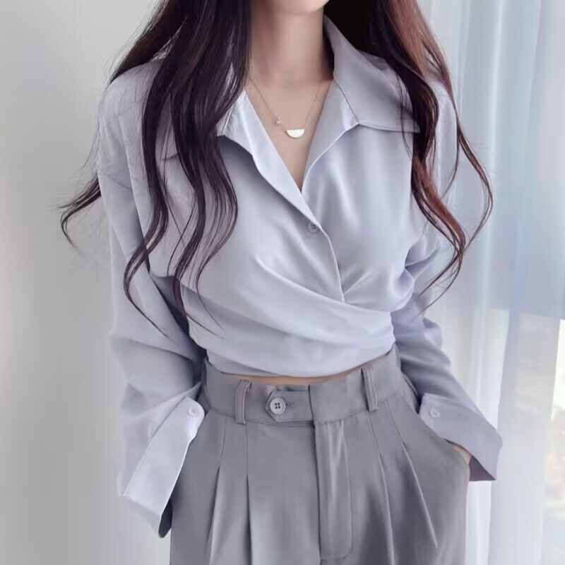 Spring and Autumn Retro Niche Design Stylish Waist-Cinching Slimming Tie-Front Single-Breasted Short Linen Shirt for Women