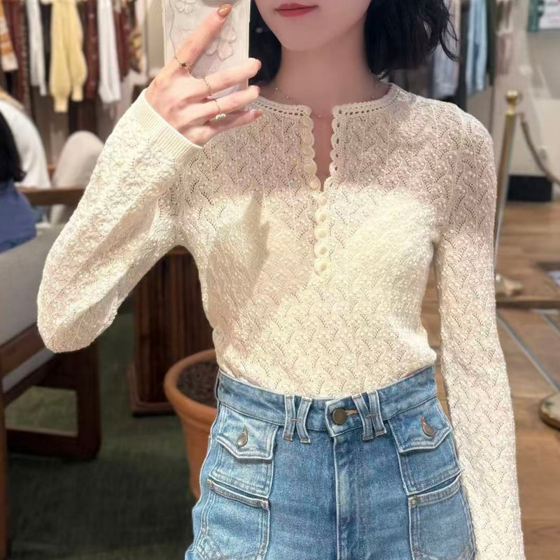 Bohemian Style White Wool Blend Niche Hollow Jacquard Knitwear Half Open Collar Slim Long-Sleeved Top for Women
