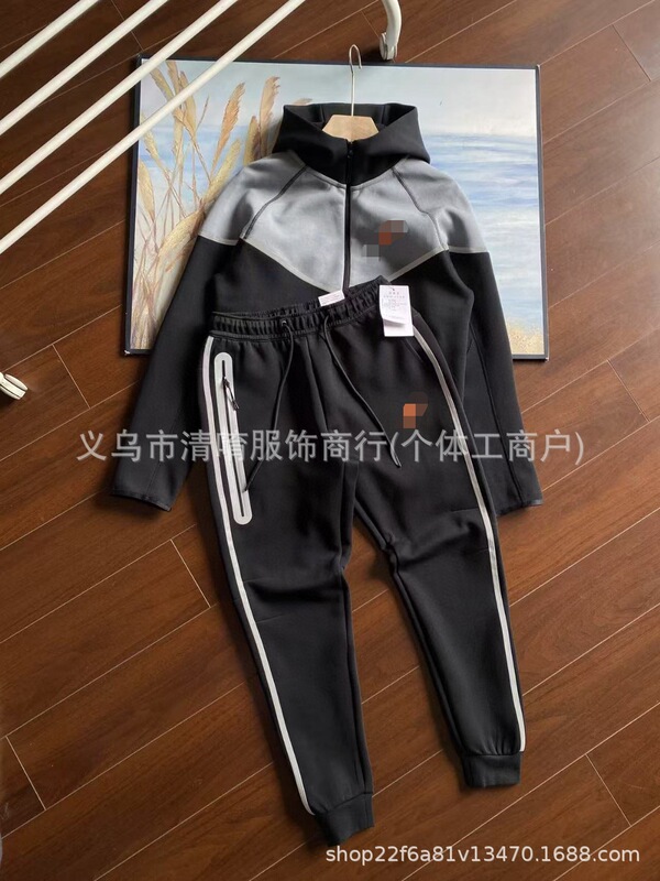 クロスボーダー共同ブランドの男性と女性の春と秋のフック反射ニットフード付きジッパーシャツスポーツカジュアルジャケットとスウェットパンツFZ0754|undefined