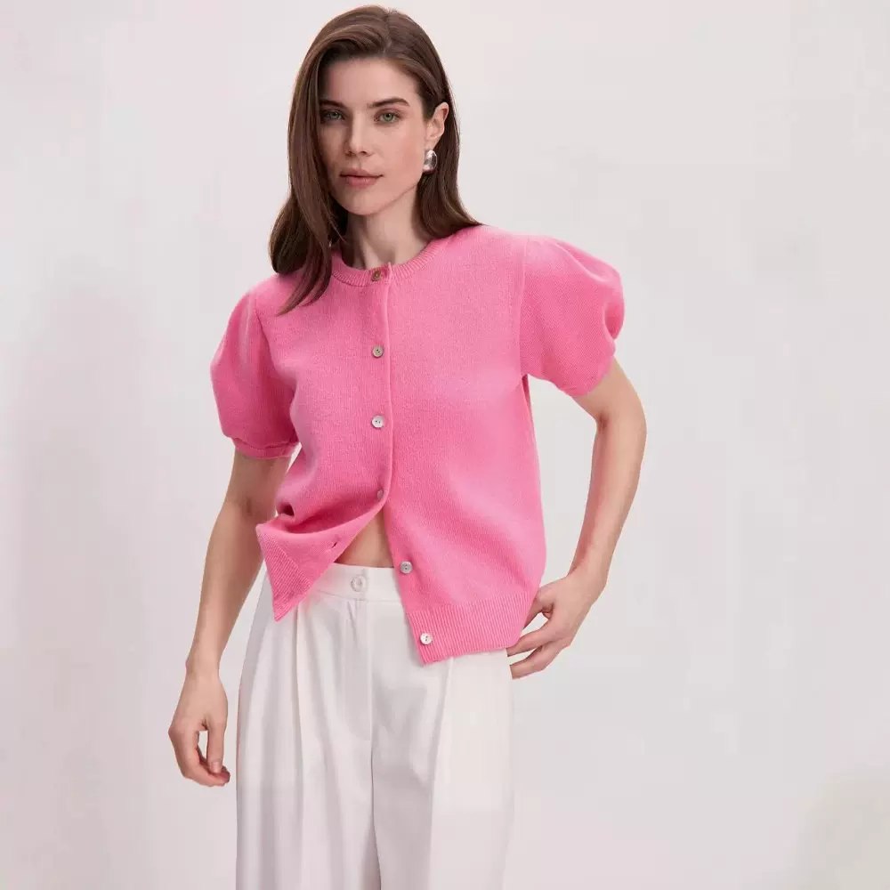 圆领针织短袖单排扣短款开衫亚马逊跨境欧美休闲春夏女装毛衣上衣