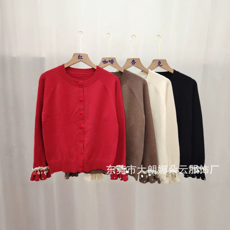 Korean-style 2026 Fall/Winter Round-neck Ruffled Knit Sweater with Sequins and Frilly Trim Cardigan Knit Top