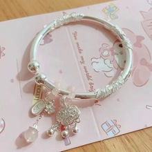足银繁花纯银999手镯女款Kitty猫平安福锁祥云小众正品银饰送女友