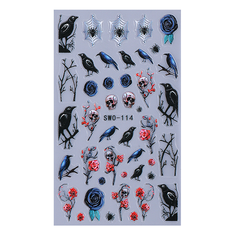 Nuevas pegatinas de uñas de Halloween al por mayor en relieve pájaro carpintero tridimensional rosa oscura calavera pegatinas de uñas transfronterizo