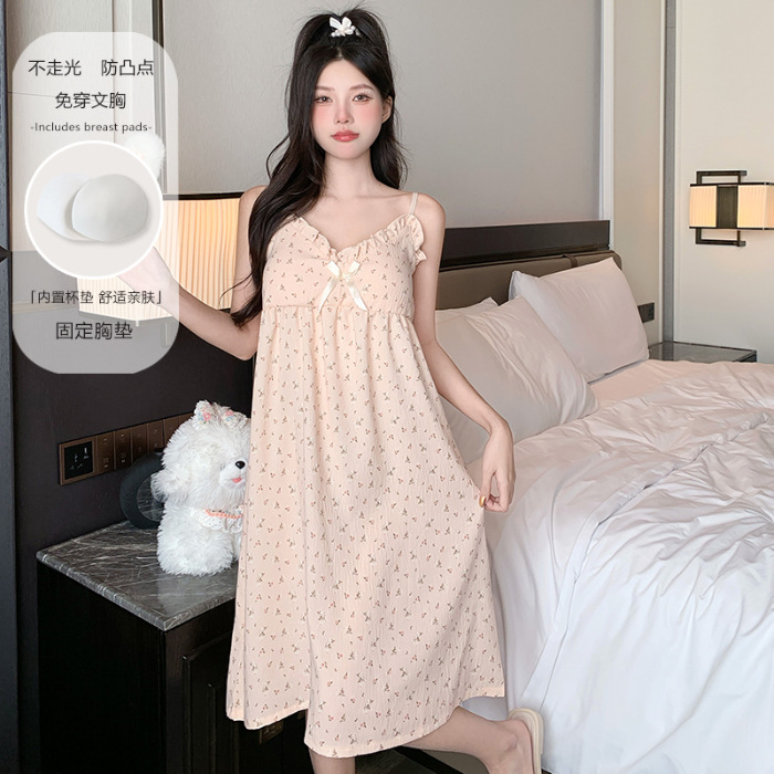 2025 nuevo pijama mujer verano nube hilo de algodón camisón camisón con almohadilla para el pecho dulce y lindo servicio a domicilio verano