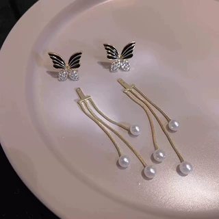 韩国一款多戴黑色蝴蝶耳环女气质高级大气流苏珍珠耳钉长款耳饰潮