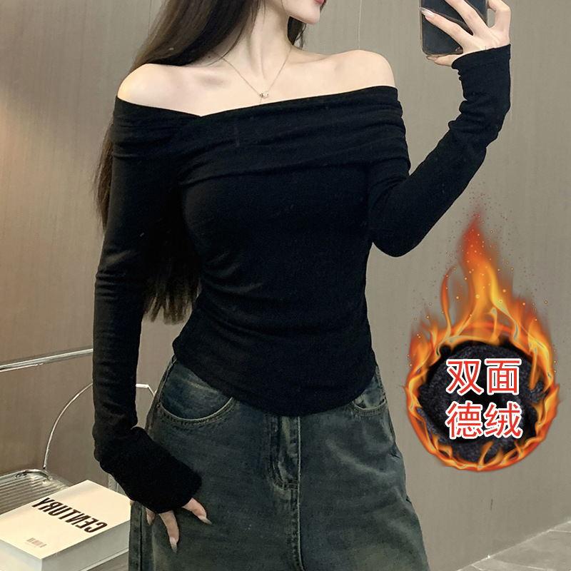 セクシーでピリピリとした女性らしい長袖ベースレイヤートップス、2026秋冬向けスリムフィット斜め襟ワンショルダーTシャツ、トレンド商品