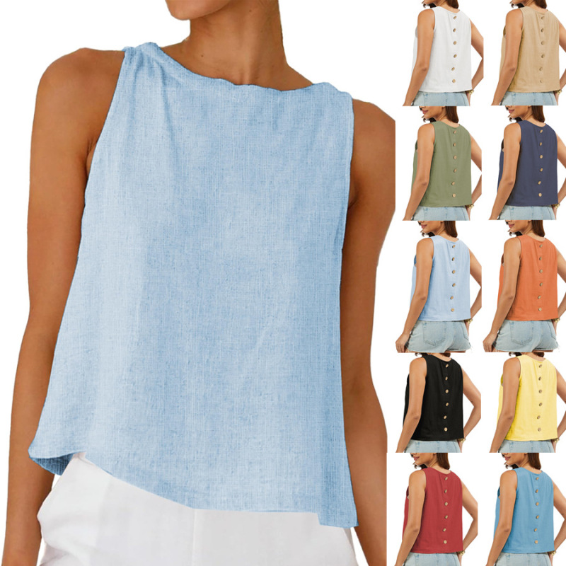 2026 New European and American Amazon Women's Round Neck Loose Short Single-Breasted Vest Solid Color Sleeveless Shirt for Women 2026 New European and American Amazon Women's Round Neck Loose Short Single-Breasted Vest Solid Color Sleeveless Shirt for Women