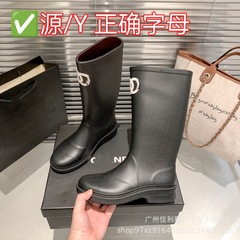 高板小香风雨靴女外穿高筒靴圆头骑士靴厚底高筒防水防滑雨靴长靴
