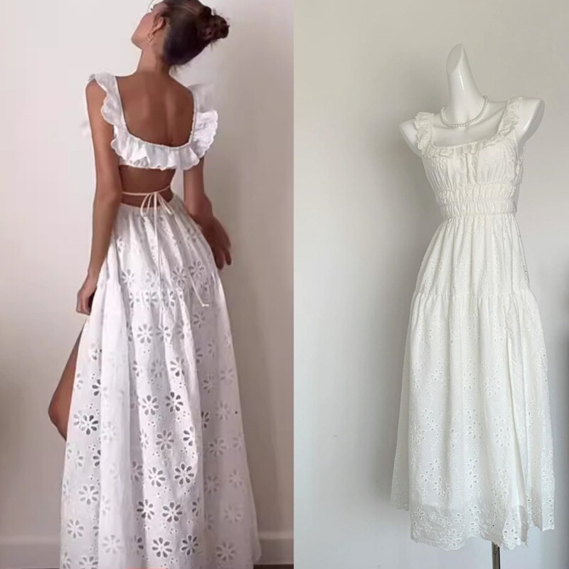Xiaozhong Embroidered Ruffled White Dress Hollow Vented Open Back Seaside Holiday Fairy Square Collar Dress for Women