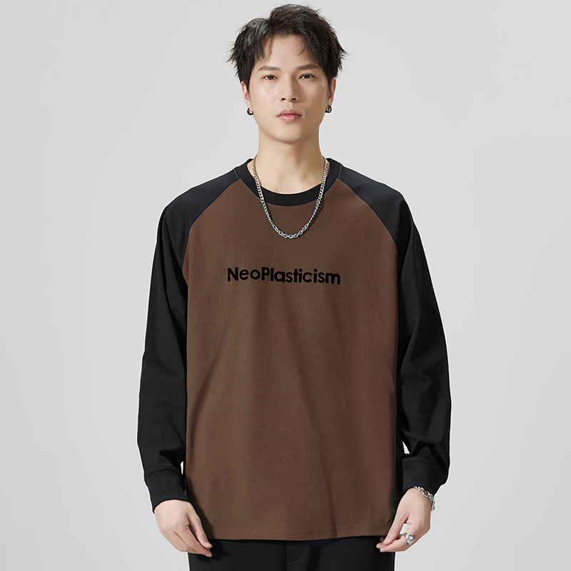 F1121 | Großes, neues Herbstprodukt für Herren, 260G, langärmliges T-Shirt mit Kuhhorn-Patchwork und lockerem Saum für Männer_voghion.com