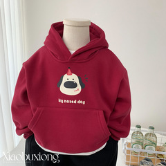 子供の一体のベルベットの秋冬服の赤い新年の帽子の上着の洋風の男の子の漫画のベルベットのフード