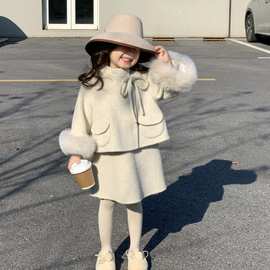 韩版童装2023新款冬季女童羊绒呢子大衣套装儿童洋气背心裙两件套