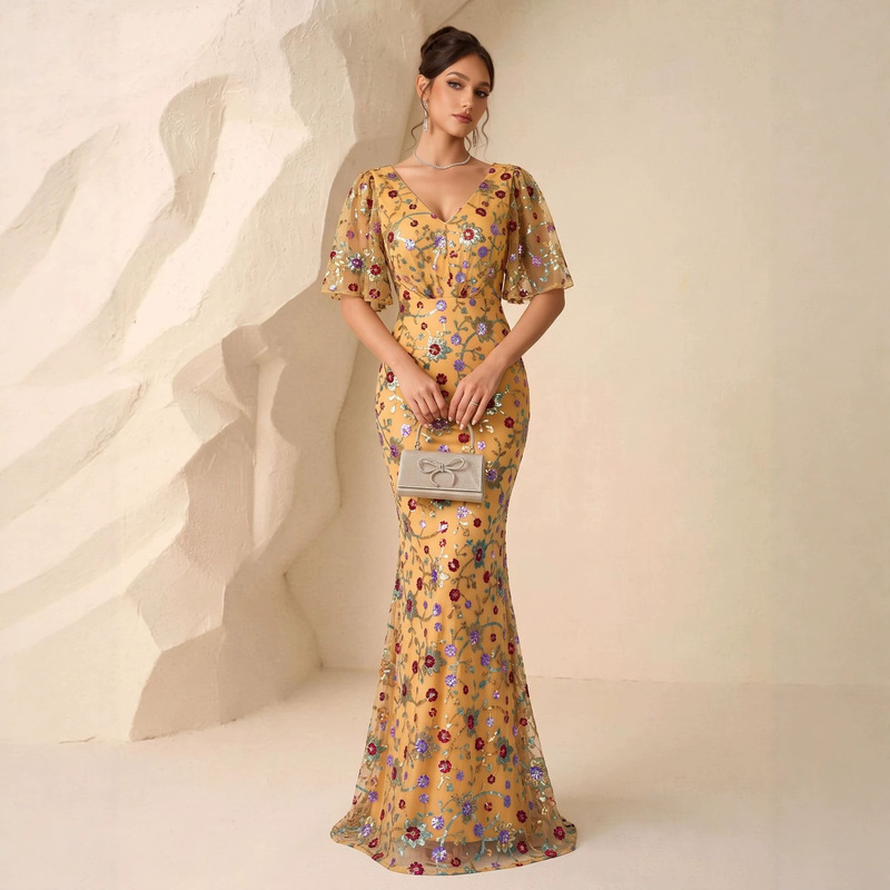 Cross-Border European and American New Style High-End Elegant Small V-Neck Ruffle Sleeve Waist-Cinching Sequin Dress