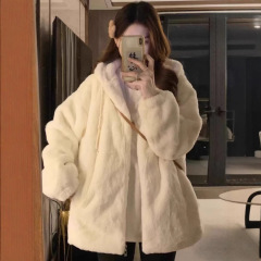 韩系奶fufu羊羔毛连帽棉服外套女冬季加厚加绒宽松慵懒棉袄上衣潮