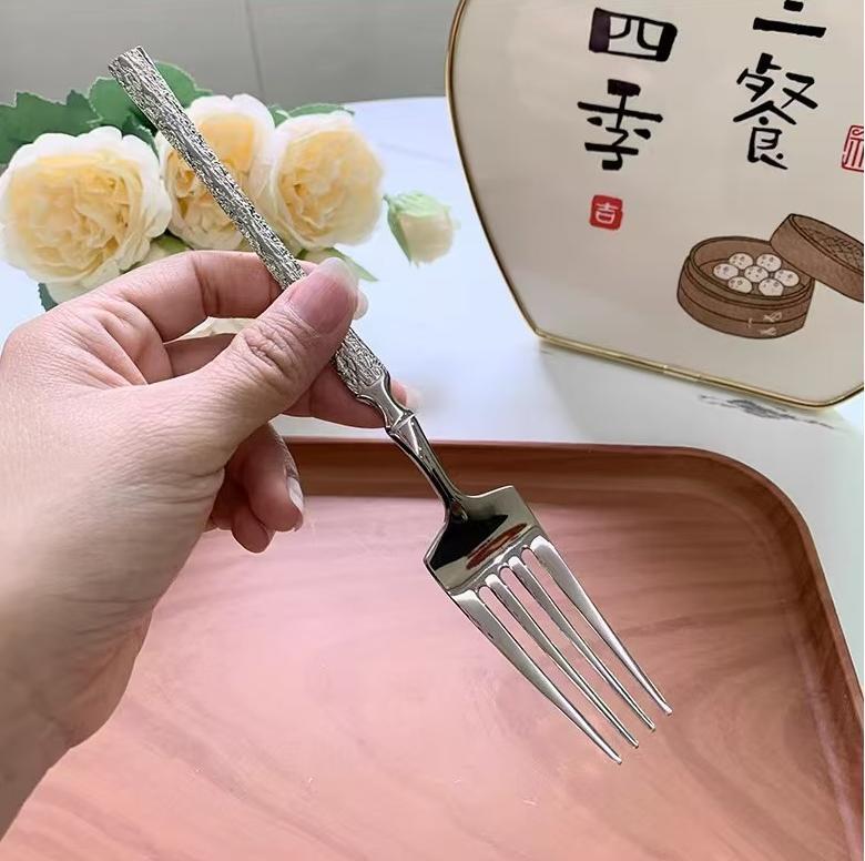 高颜值精致不锈钢酒店西餐餐厅刀叉勺四组件小蛮腰牛排刀树纹餐具|undefined