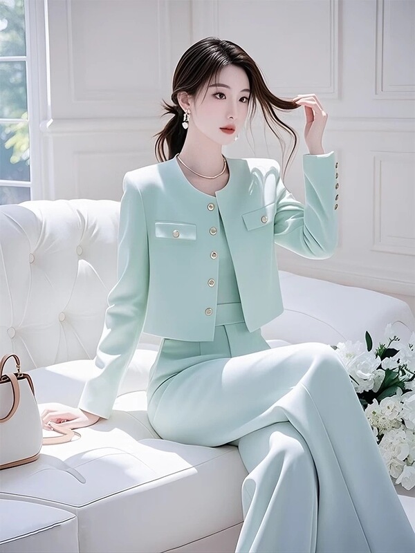 2025秋季穿搭一整套女装气质名媛通勤薄荷绿色外套阔腿裤职业套装|undefined