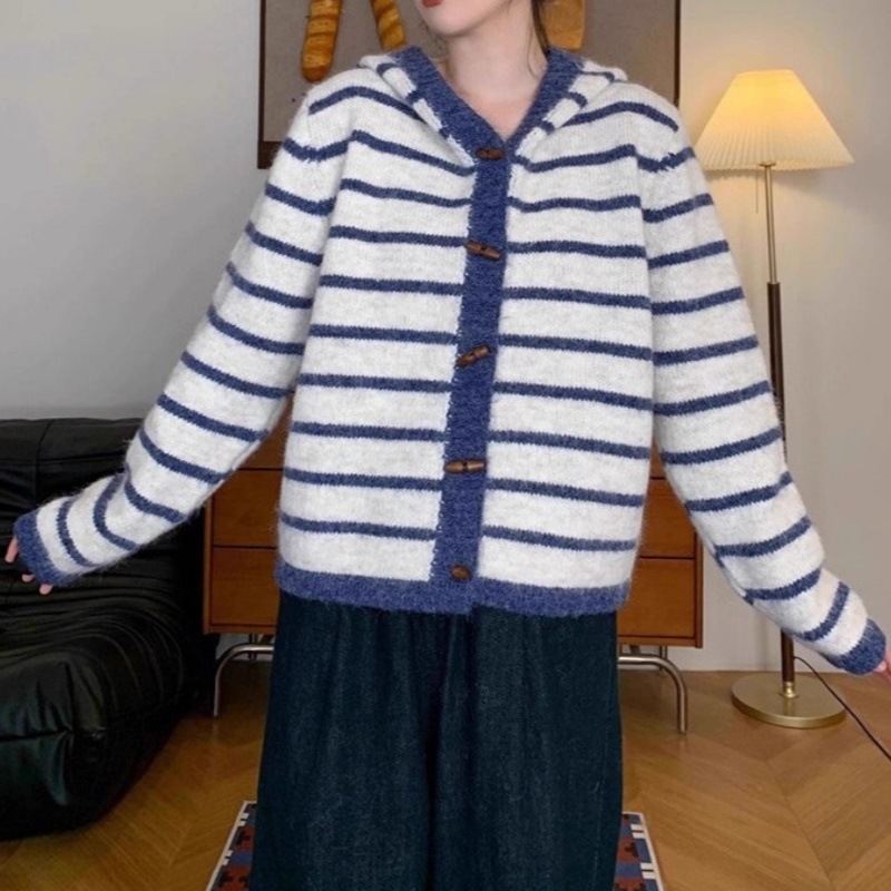 慵懒风条纹连帽针织开衫女秋冬新款韩系休闲宽松减龄女装毛衣外套|undefined