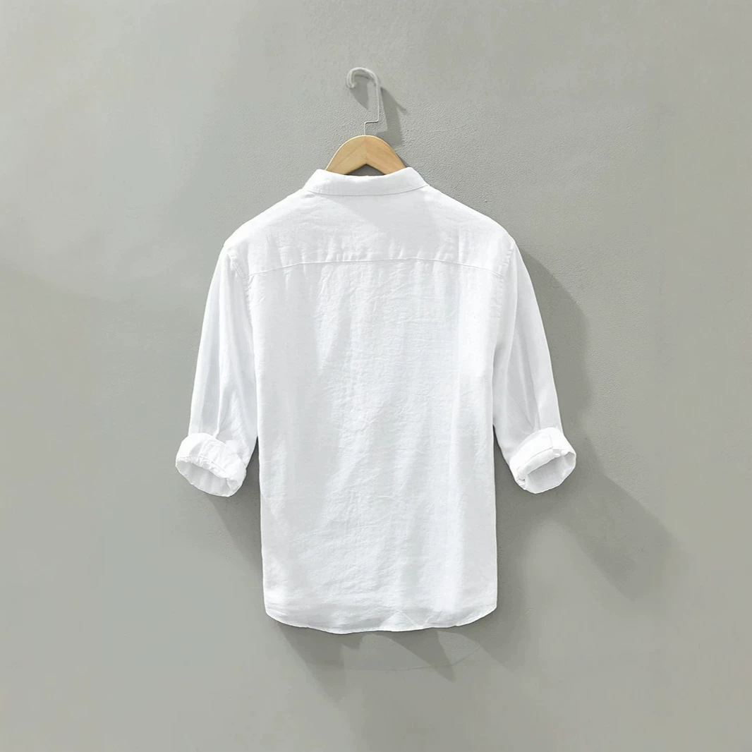 2026 Men's Loose-Fit Trendy Casual Japanese Style Patchwork Three-Quarter Sleeve Linen Shirt, Wholesale Available_viptrois.com