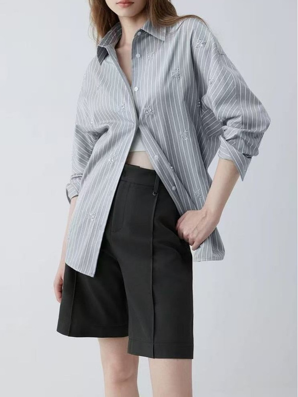 ELLE 重工花朵刺绣条纹衬衫女2025秋季新款宽松时髦通勤廓形衬|undefined